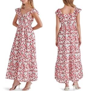 Betsey Johnson Strawberry Print Ruffle Sleeve Smocked Maxi Dress, Red White sz L